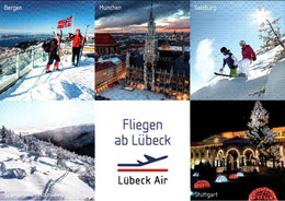 ! Moderne Ansichtskarte Lübeck Air , Bergen, München, Salzburg, Stuttgart - Vliegvelden