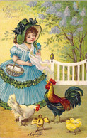 Vœux - Joyeuses Pâques - Enfants Qui Ramasse Des œufs - Coq - Poule - Poussins - Carte Postale Ancienne - Ostern