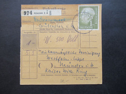 BRD 1954 Heuss I Nr.194 EF Auf Wert Paketkarte über 500DM Ab Gütersloh 2 Nach Münster In Westfalen - Covers & Documents