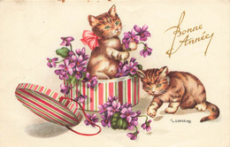 Chat * Cpa Illustrateur GOUGEON * Chatons Jouant Avec Des Fleurs * Bonne Année * Cat Katze - Gatti