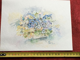 Aquarelle Peinture Peinte à La Gouache Par Amatrice Signé Faby -Origine Aubagne: Thème : Bouquet De Fleurs De Provence.. - Aquarelles