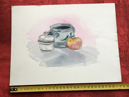 Aquarelle Peinture Peinte à La Gouache Par Amatrice Signé Faby -Origine Aubagne: Thème : Nature Morte Objets.. - Aquarelles