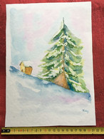 Aquarelle Peinture Peinte à La Gouache Par Amatrice Signé Faby -Origine Aubagne: Thème : Mon Beau Sapin Sous La Neige - Aquarelles