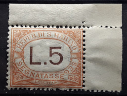 SAN MARINO SAINT MARIN,1925 TAXE SEGNATASSE,Yvert No 26, 5 Lire Orange COIN DE FEUILLE, Neuf ** MNH,TTB Cote 65 E - Postage Due