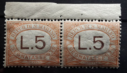 SAN MARINO SAINT MARIN,1925 TAXE SEGNATASSE,Yvert No 26, PAIRE 5 Lire Orange BORD DE FEUILLE, Neuf ** MNH,TTB Cote 130 E - Strafport