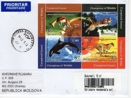 ROMANIA 2015: MAMMALS SPEED CHAMPIONS On REGISTERED Cover Circulated To Moldova Republic - Registered Shipping! - Brieven En Documenten