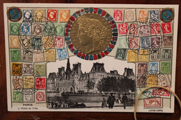 Ak CPA 1907 Souvenir De La France Paris Hôtel De Ville Carte Timbres Gaufrée - Andere & Zonder Classificatie