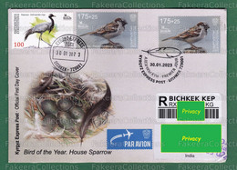 KYRGYZSTAN 2023 KEP - Bird Of The Year (IV) 2022 - HOUSE SPARROW 1v Official FDC - Registered Used - Birds, Sparrows .. - Cernícalo