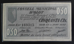 España 1937 República, Billete Local De Olot, 0'50 Cts. - 5 Pesetas