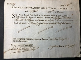 Regia Amministrazione Dei Lotti Di Toscana 1786 Firenze Ricevuta Bu.656 - Landbouw