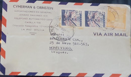 D)1947, BOLIVIA, COVER CIRCULATED FROM BOLIVIA TO URUGUAY, AIR MAIL, OVERLOADED STAMPS FROM 1938 - 1939, "1947 - HABILIT - Bolivia