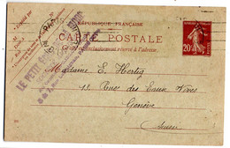 Entier-1923- CP  Type Semeuse 20c De PARIS Pour Geneve --exp "Le Petit Echo De La Mode"signée Par Directeur - Standard Postcards & Stamped On Demand (before 1995)
