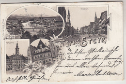 C5655) GRUSS Aus STEYR - S/W LITHO - Rathhaus - Stadtplatz - Hotel Z. LÖWEN 24.11.1896 !!! - Steyr