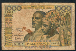 W.A.S. IVORY COAST P103Aj 1000 FRANCS TYPE 1959 Issued 1975 SIGNATURE 9 FINE - West African States