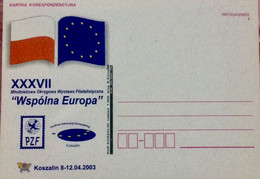 POLAND 2003, STATIONERY CARD UNUSED, ILLUSTRATED FLAG OF COUNTRY & EUROPA, WSPOLNA EUROPA, KOSZALIN TOWN.EVENT - Lettres & Documents