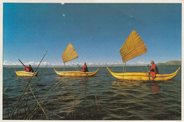 Bolivia Lago Titicaca Totora Boats Old Postcard Used W Stamps - Bolivia