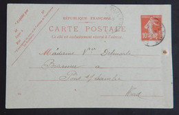 FRANCE ENTIER POSTAL SUR CARTE LETTRE YT 135 OBLITERE "SEMEUSE " PONT DE SAMBRE 8-7-1910 VOIR  2 SCANS - Cartes-lettres