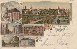 Gruss Aus Forst - Berlinerstrasse, Stadt-Bahn Anlage, Kirchstrasse - Litho - Forst