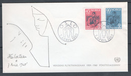 Norvège N° 400 à 401 - Enveloppe 1e Jour D'émission 7 Avril 1960 à Oslo - Illustration De Jean Cocteau- Année Du Réfugié - Storia Postale