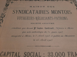 Maison Des Syndicataires Montois - Voyageurs - Négociants - Patrons S.A. - Certificat D'Inscription - Mons Avril 1903. - Tourism