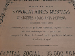 Maison Des Syndicataires Montois - Voyageurs - Négociants - Patrons S.A. - Certificat D'Inscription - Mons Avril 1903. - Turismo