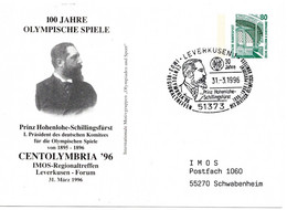 57226 - Bund - 1996 - 80Pfg SWK PGAKte "100 Jahre Olympiade" SoStpl LEVERKUSEN - CENTOLYMBRIA ... -> Schwabenheim - Sonstige & Ohne Zuordnung