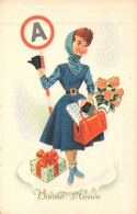 Fantaisie - Femme- Neige - Cadeau - Bonne Année -  Panneau A - Carte Postale Ancienne - Femmes
