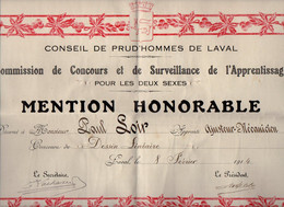 VP21.750 - LAVAL - 1914 - Concour De Dessin Linéaire - Mention Honorable - Mr Paul LOIR Apprenti Ajusteur - Mécanicien - Diplômes & Bulletins Scolaires