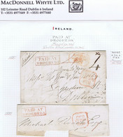 Ireland Louth 1837 And 1839 Boxed PAID AT/DROGHEDA In Red On Cover And Piece, First With MORE/+TO+/PAY - Voorfilatelie