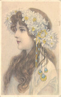 FANTAISIES - Portrait De Femme  - Couronne De Fleurs Blanches - Illustration Non Signée - Carte Postale Ancienne - Mujeres