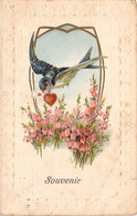 FANTAISIES - Hirondelle Avec Collier De Cœur Porte Une Enveloppe Au Dessus De Fleurs Roses - Carte Postale Ancienne - Pájaros