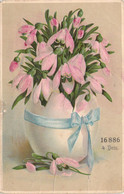 FANTAISIES - Illustration Non Signée D'un Pot De Fleurs Roses Et Nœud Bleu - Carte Postale Ancienne - Flores