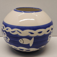 * JOLI VASE CERAMIQUE XXe BLEU & BLANC Décor De Petits POISSONS Blancs Déco    E - Vazen