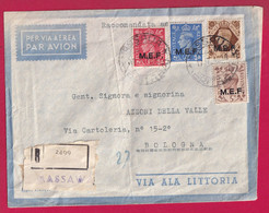 MASAWA ERITREA RECOMMANDE 1946 VIA ALA LITTORIA SURCHARGE MEF TIMBRE ANGLAIS BOLOGNA ITALIE ITALIA LETTRE COVER - Eritrea