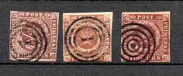 Denmark 1851 Coat Of Arms (Fire R.B.S) Stamps (Michel 1), Different Shades Used - Used Stamps