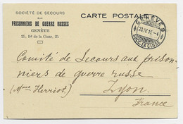 CARTE POSTALE SOCIETE SECOURS PRISONNIERS DE GUERRE RUSSES RUSSIA GENEVE 20.IV 1916 POUR FRANCE LYON - Annullamenti