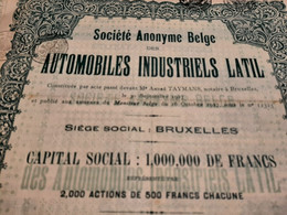 S.A.Belge Des Société Automobiles Industriels LATIL - Action De 500 Frs. Au Porteur - Bruxelles Octobre 1927. - Cars