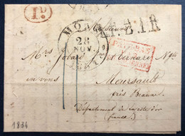 France Griffe PAYS-BAS PAR VALENCIENNES Sur Lettre De Mons, Belgique 28.11.1834 - (N404) - Entry Postmarks