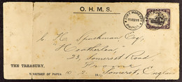 1910 (11th February) OHMS The Treasury Printed Envelope To England, Bearing Lakatoi 2d 'OS' Perfin, Tied Port Moresby Cd - Papua New Guinea