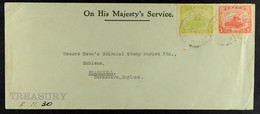 1930 (8th November) OHMS Treasury Envelope To England Bearing 'OS' Perfin Â½d And 1d, Tied Port Moresby Cds's, Very Late - Papua New Guinea