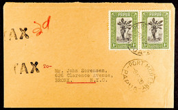 1938 (8th April) Envelope To USA, Bearing Pictorial 1d Pair Tied Port Moresby Cds, At Left Is Straight Line 'TAX' Twice  - Papua New Guinea