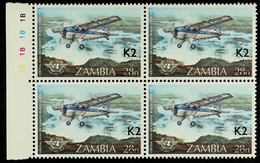 1991 (5th July) 2k On 28n De Havilland Beaver, SG 660, A Rare Marginal Block Of Four Showing Cylinder Numbers, Never Hin - Zambia (1965-...)