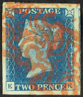 1840 2d Blue 'EK' Plate 2, SG 5, Used With 4 Extraordinarily Large Margins & 2 Red MC Cancellations. A 'monster' Example - Other & Unclassified