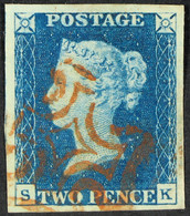 1840 2d Deep Bright Blue 'SK' Plate 2, SG 4, Superb Used With 4 Large / Huge Neat Margins And Red Maltese Cross Cancella - Other & Unclassified