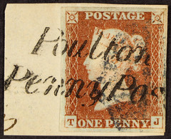 1841 1d Red-brown Plate 24 Imperf With 4 Margins Tied To Piece By 'POULTON / PENNY POST' And BLUE Maltese Cross Cancella - Other & Unclassified