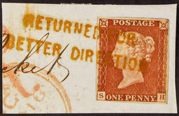 1841 1d Red-brown Imperf With 4 Margins Tied To Piece By Very Fine Complete Two-line Red â€œRETURNED FOR / BETTER DIRECT - Other & Unclassified
