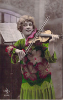 Musique - Violoniste En Robe Verte à Fleurs - Carte Postale Ancienne - Música Y Músicos