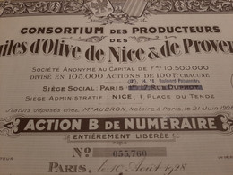 Consortium  Des Producteurs Des Huiles D'Olive De Nice & De Provence - Action B De Numéraire - Paris - Nice -  Juin 1928 - Landbouw