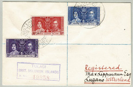 Solomon Islands 1938, Brief Einschreiben Tulagi - Sydney - Lugano (Schweiz), Coronation / Krönung - Salomonen (...-1978)