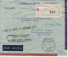 Macau,cp2, 14.1.1948, Colonie Portuges, Airmail-R-Cover, > Hongkong>London>Basel, Switzerland, Siehe Scans! - Covers & Documents